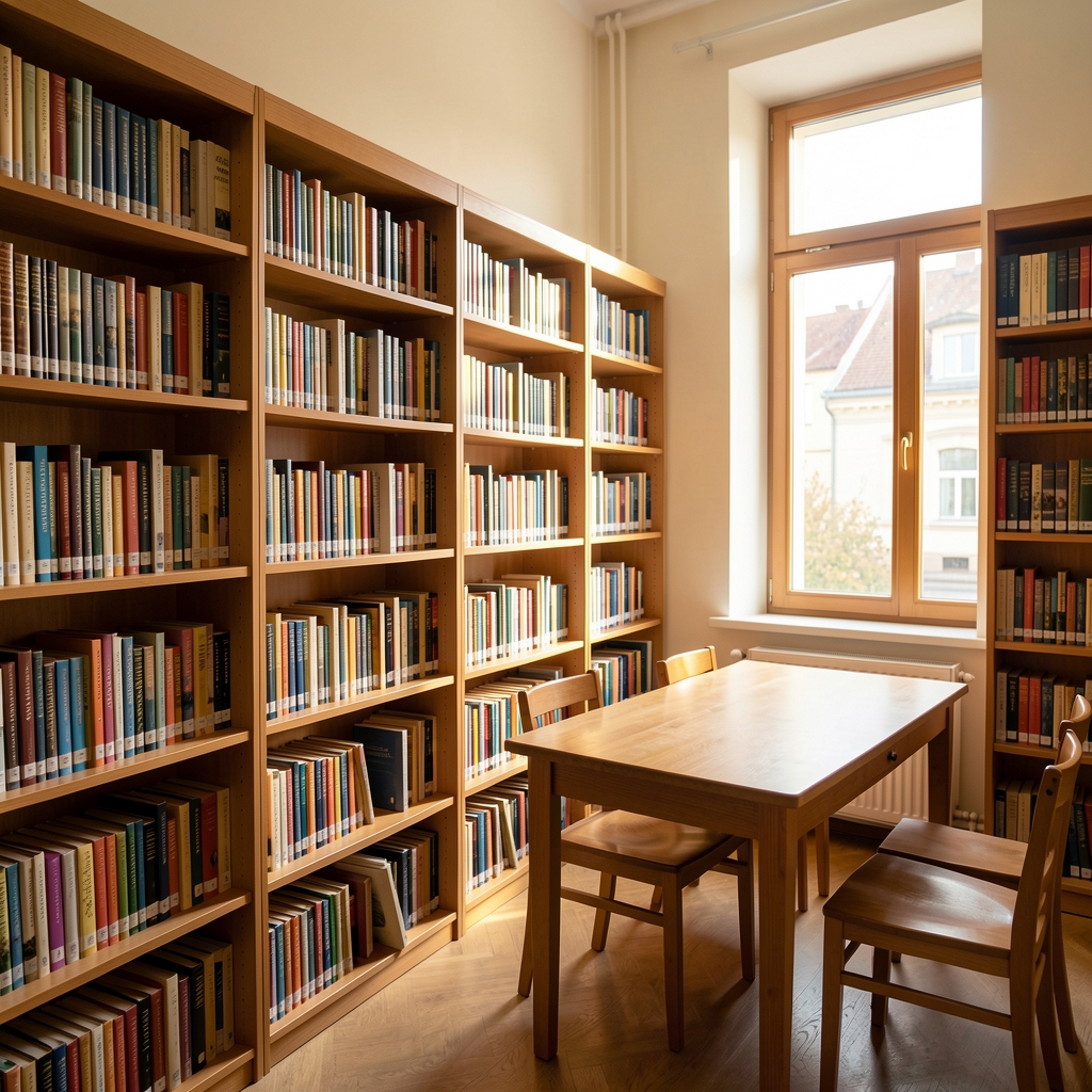 Svetla čitaonica sa policama knjiga i stolom pored prozora, mirno edukativno okruženje u toplom dnevnom svetlu