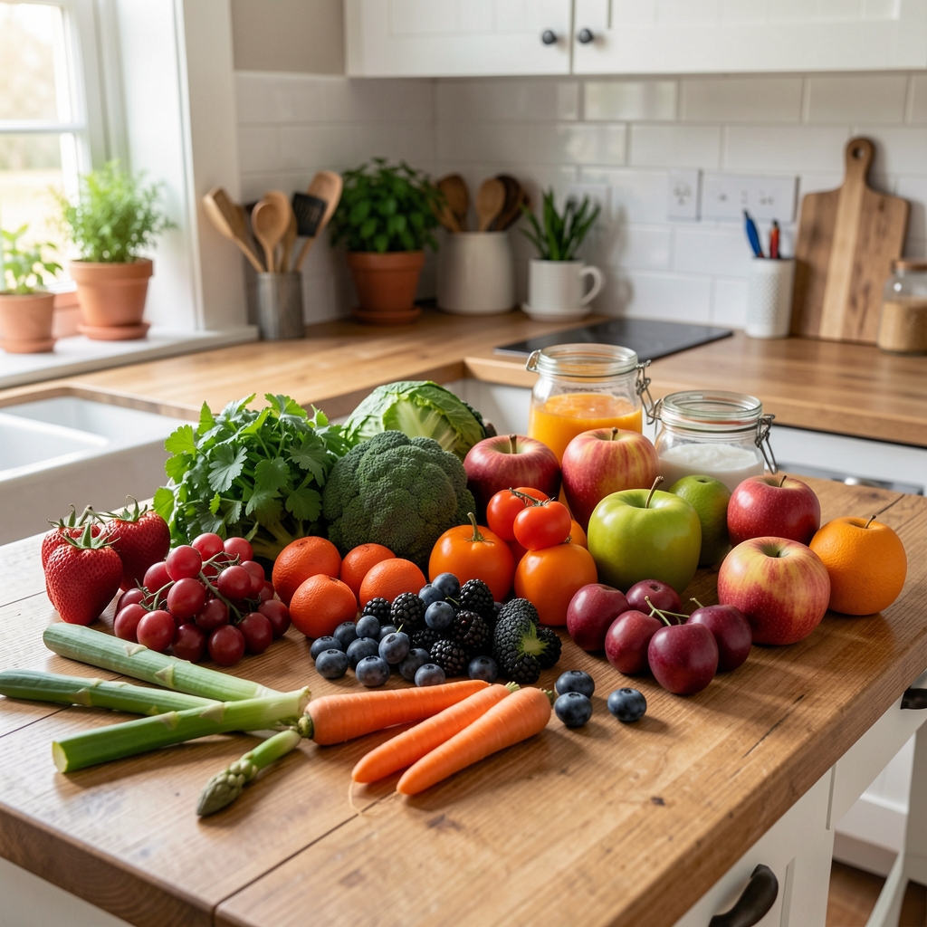 Razne namirnice poređane na svetloj podlozi bez reklamne atmosfere, neutralna dokumentarna fotografija hrane