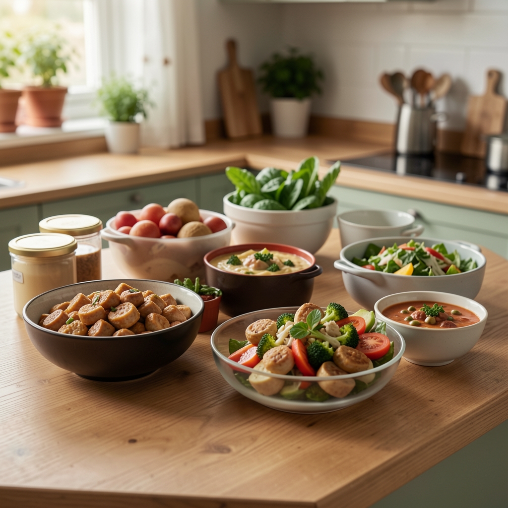 Obroci u posudama raspoređeni na kuhinjskom stolu, raznovrstan svakodnevni jelovnik bez reklamnog konteksta