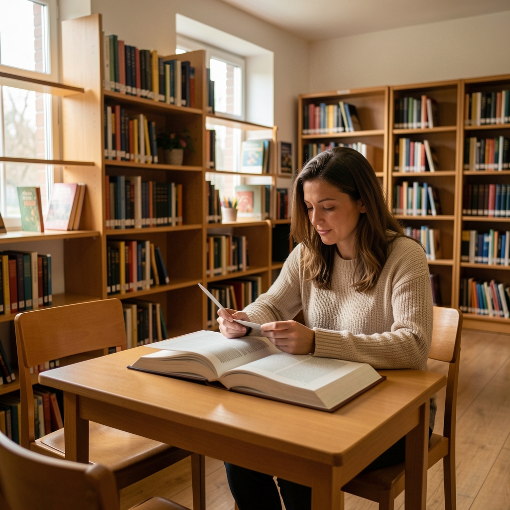 Mirna čitaonica sa otvorenim knjigama na stolu i toplim unutrašnjim svetlom, edukativno okruženje