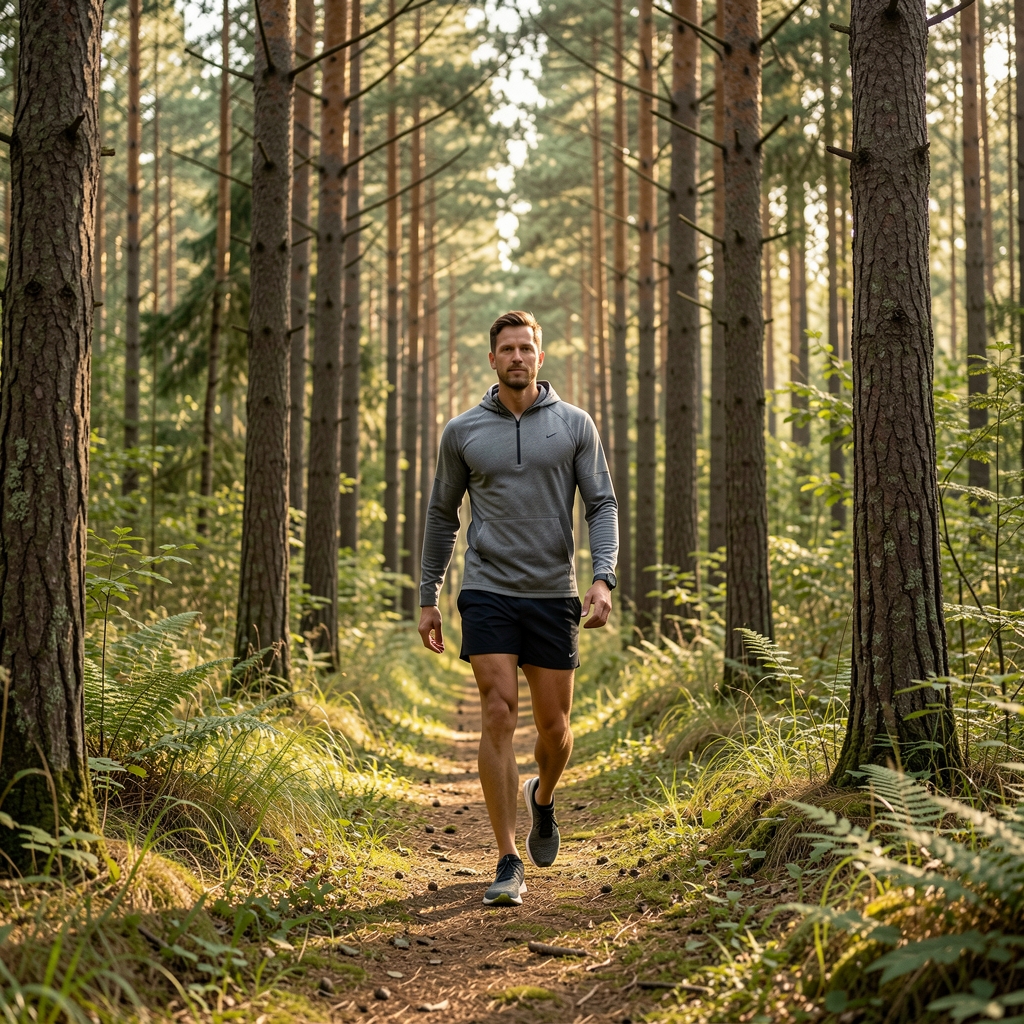 Hodanje stazom u prirodi, osoba u laganom hodu između drveća, miran sportski ugođaj