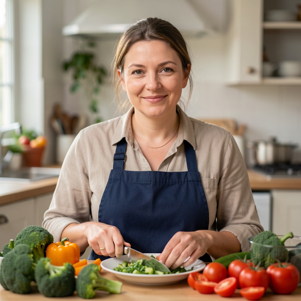 Osoba koja priprema jednostavan obrok u kuhinji, svakodnevna mirna scena sa povrćem na stolu